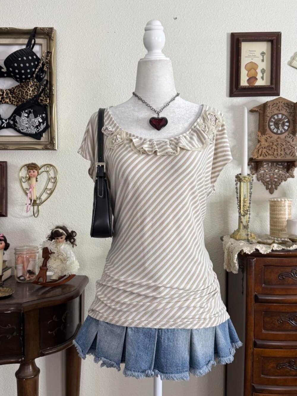 Y2k girly grunge twee beige and white ruffled blouse w silver thread & rosettes